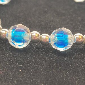 Blue and Silver Tone Beaded Bracelet Stretch